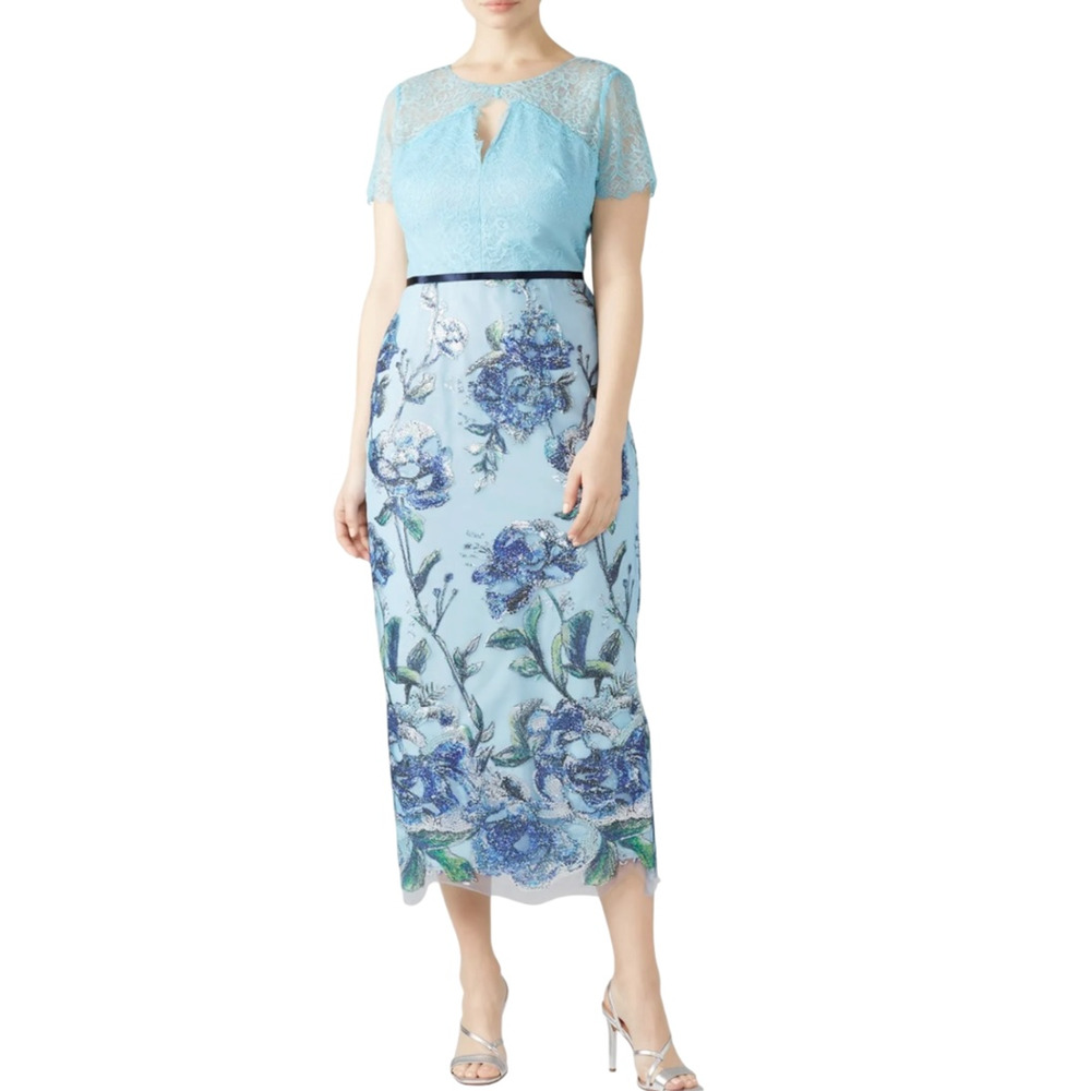 Marchesa Notte Blue Lace & Floral Sequin Embellished Midi Sheath Dress 18 NWT - Picture 3 of 16